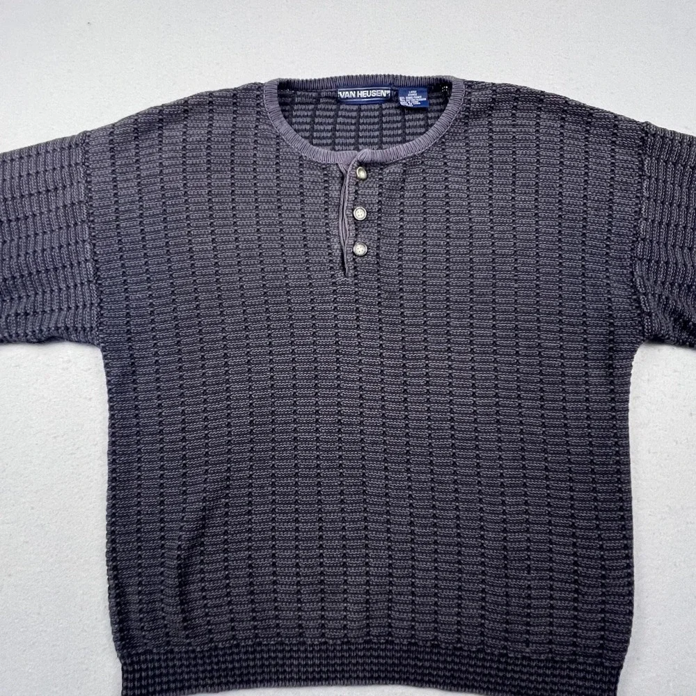 Van Heusen Henley Sweater Mens Large Grey Ramie Cotton Knit Textured Pullover